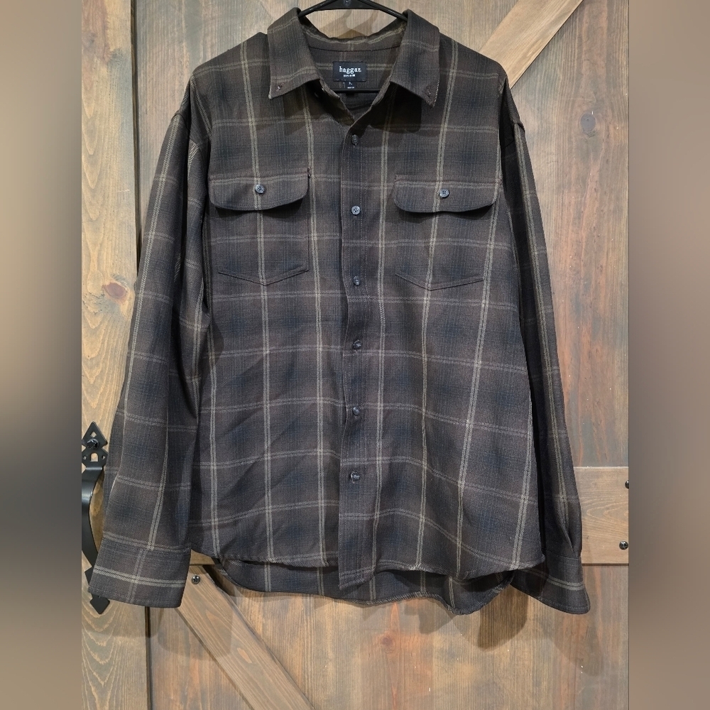 Haggar Dark Plaid Long Sleeve Button Down Mens Shirt Size XL